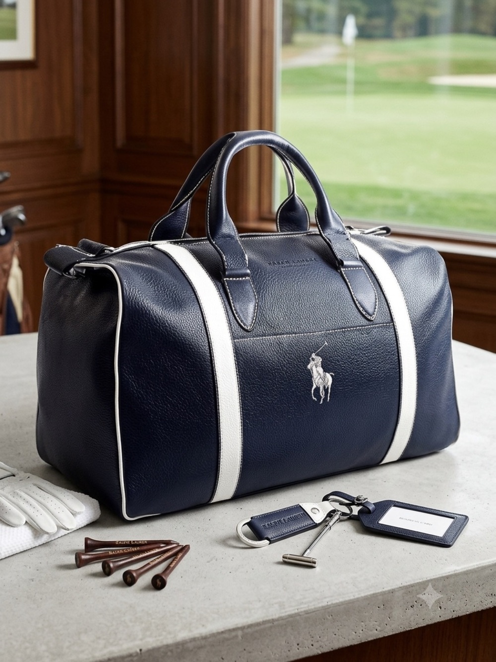 Ralph Lauren Polo-Style Navy and White Travel Vegan Leather Duffle Bag
